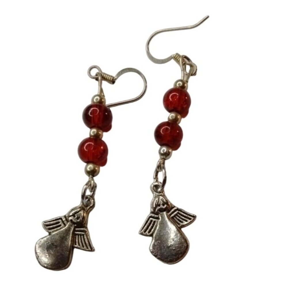 Made by an Angel Earrings Red Beads Silver Hook Drop Dangle